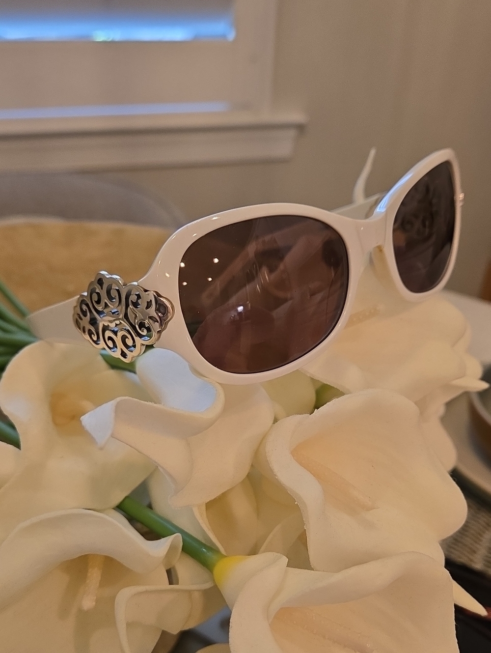 Brighton Women's White Oval Sunglasses with  Silver Scroll Accents